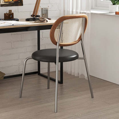 Boho Leather Rattan Steel Dining Chair — Black