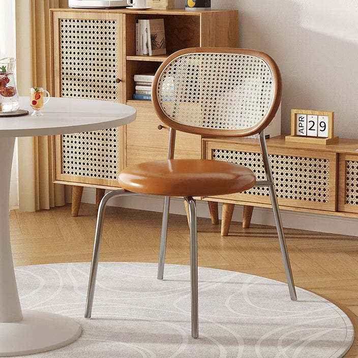 Boho Leather Rattan Steel Dining Chair — Brown