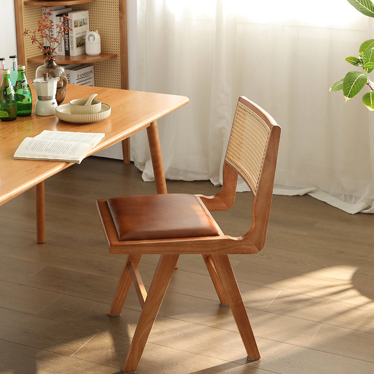 Retro Leather Rubberwood Rattan Dining Chair