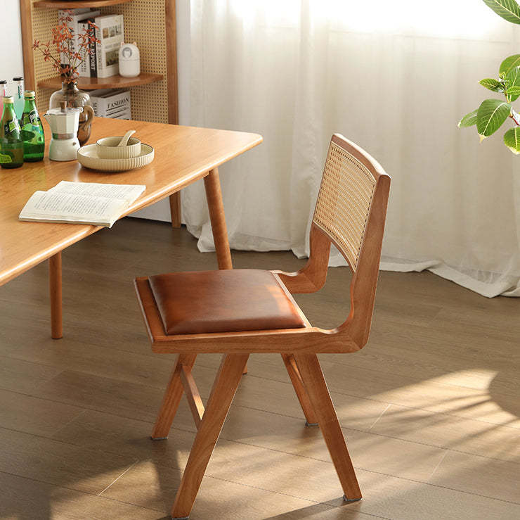 Retro Leather Rubberwood Rattan Dining Chair