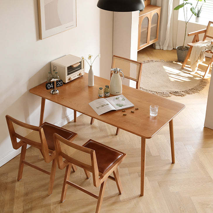 Retro Leather Rubberwood Rattan Dining Chair