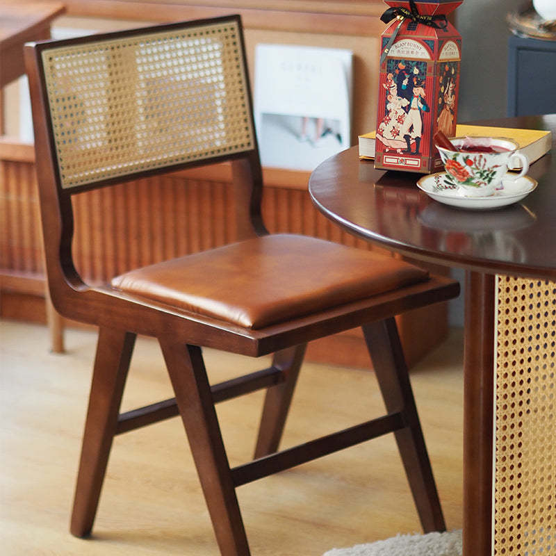 Retro Leather Rubberwood Rattan Dining Chair