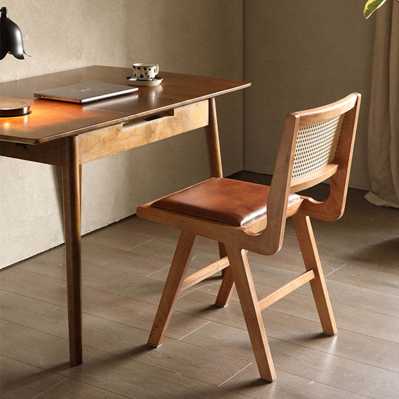 Retro Leather Rubberwood Rattan Dining Chair