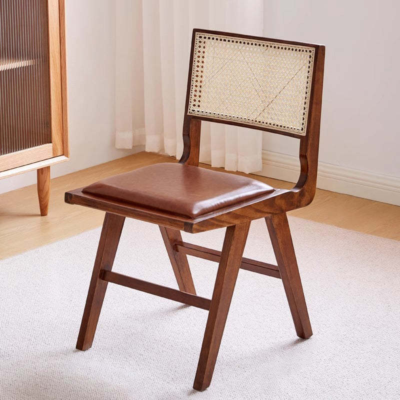Retro Leather Rubberwood Rattan Dining Chair