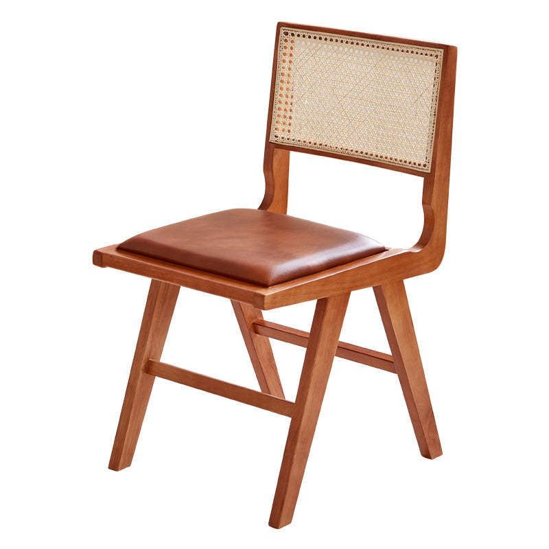 Retro Leather Rubberwood Rattan Dining Chair