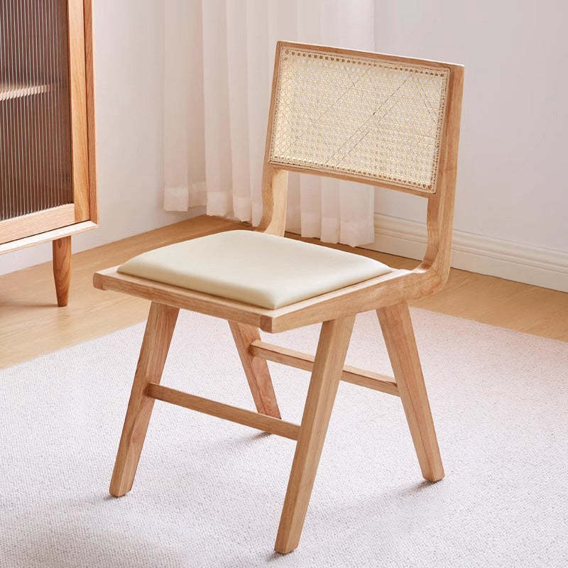 Retro Leather Rubberwood Rattan Dining Chair