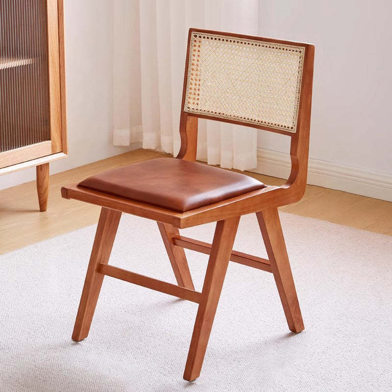 Retro Leather Rubberwood Rattan Dining Chair
