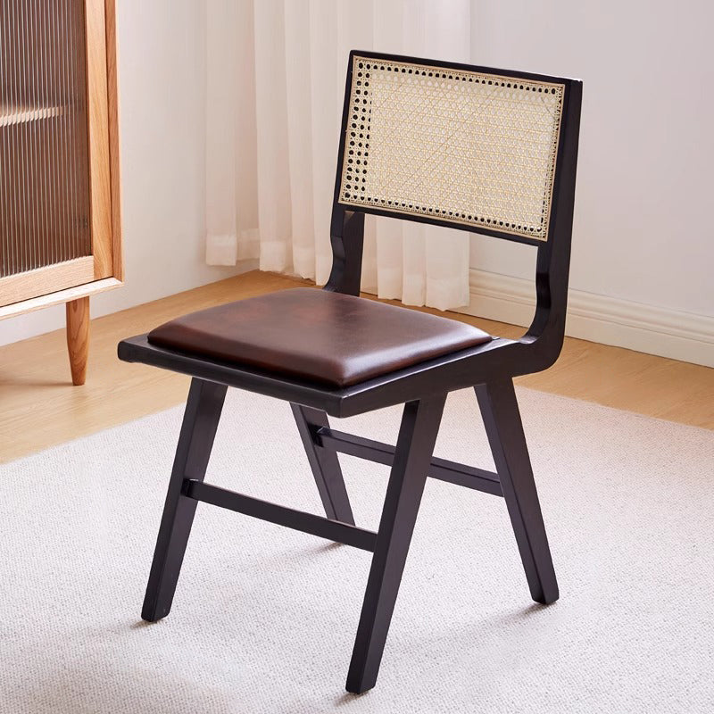 Retro Leather Rubberwood Rattan Dining Chair