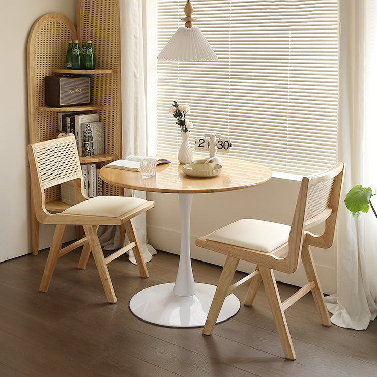 Retro Leather Rubberwood Rattan Dining Chair — Wood Color