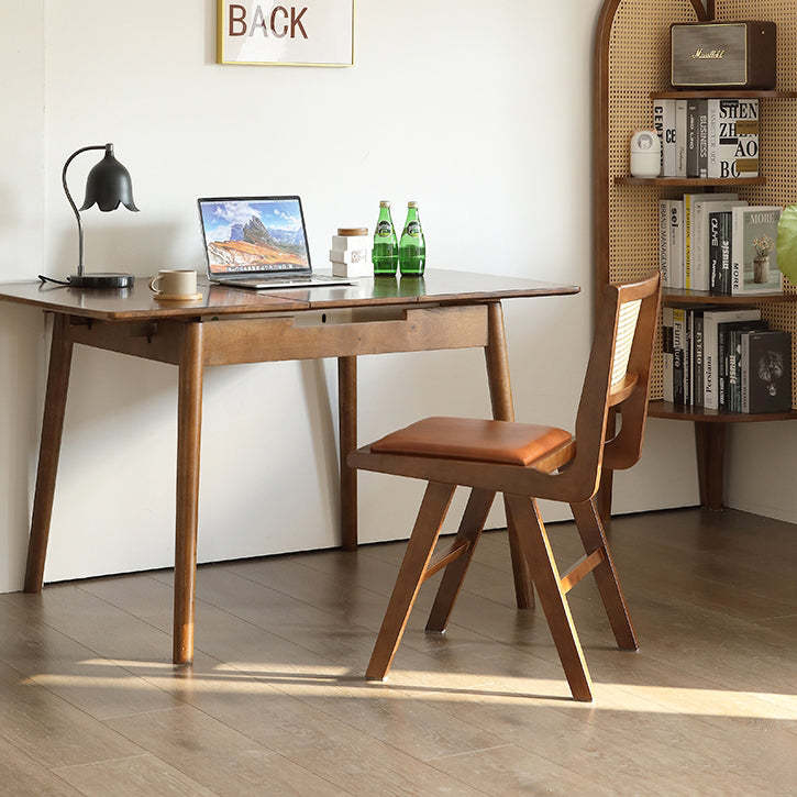 Retro Leather Rubberwood Rattan Dining Chair — Walnut Color