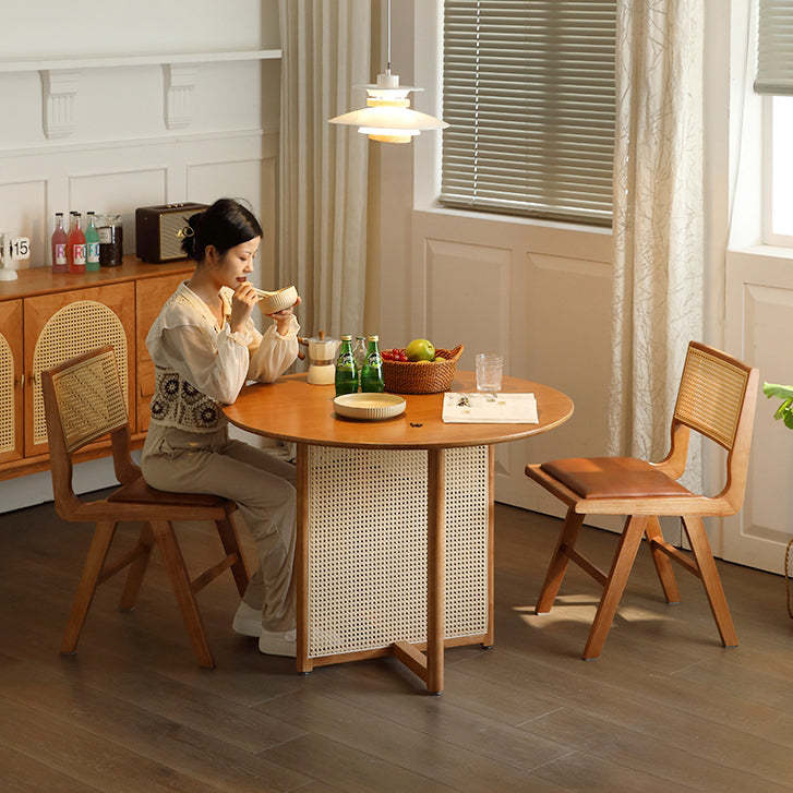 Retro Leather Rubberwood Rattan Dining Chair