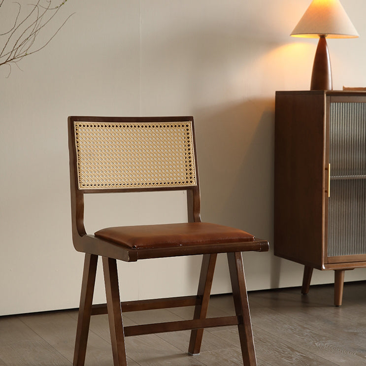 Retro Leather Rubberwood Rattan Dining Chair