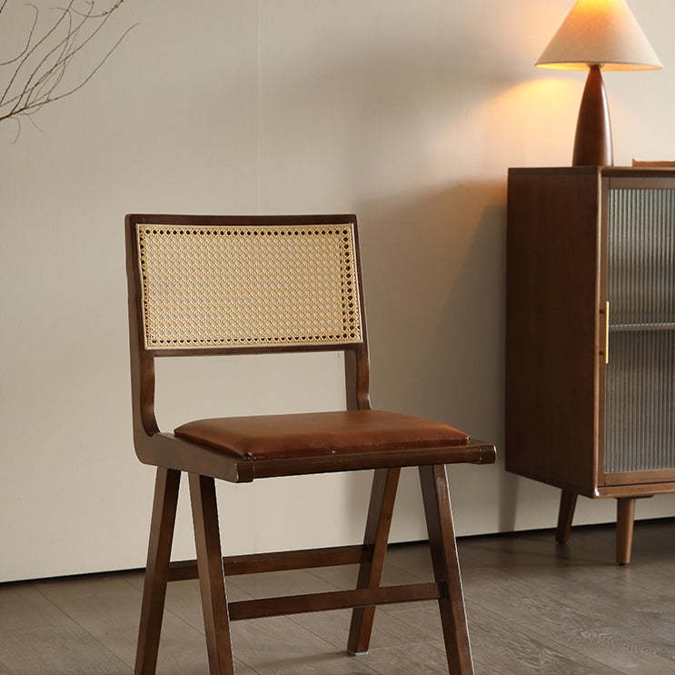 Retro Leather Rubberwood Rattan Dining Chair