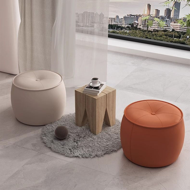 Nordic Cylinder Leather Wood Footstool — Off White