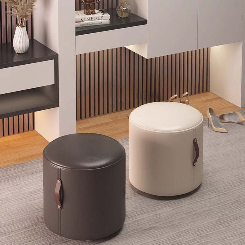 Nordic Portable Leather Wood Vanity Stool — Khaki