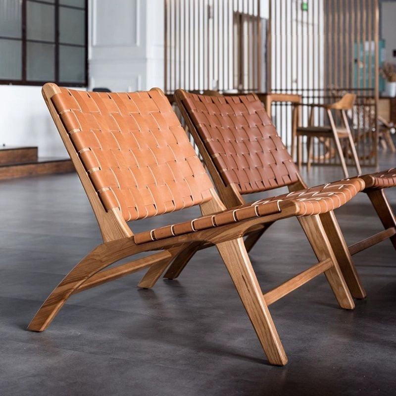 Boho Leather Wood Armless Chair — Walnut Color / Black