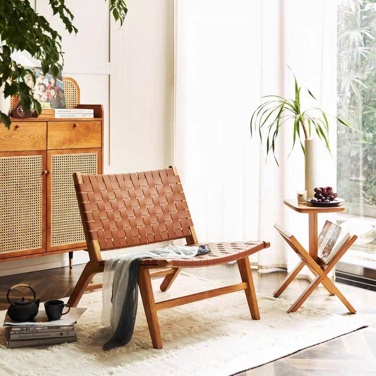 Boho Leather Wood Armless Chair