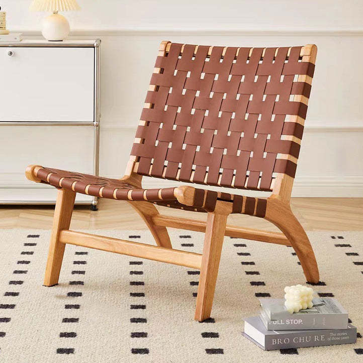 Boho Leather Wood Armless Chair — Wood Color / Black