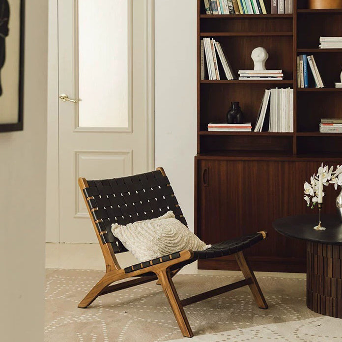 Boho Leather Wood Armless Chair — Wood Color / Dark Brown