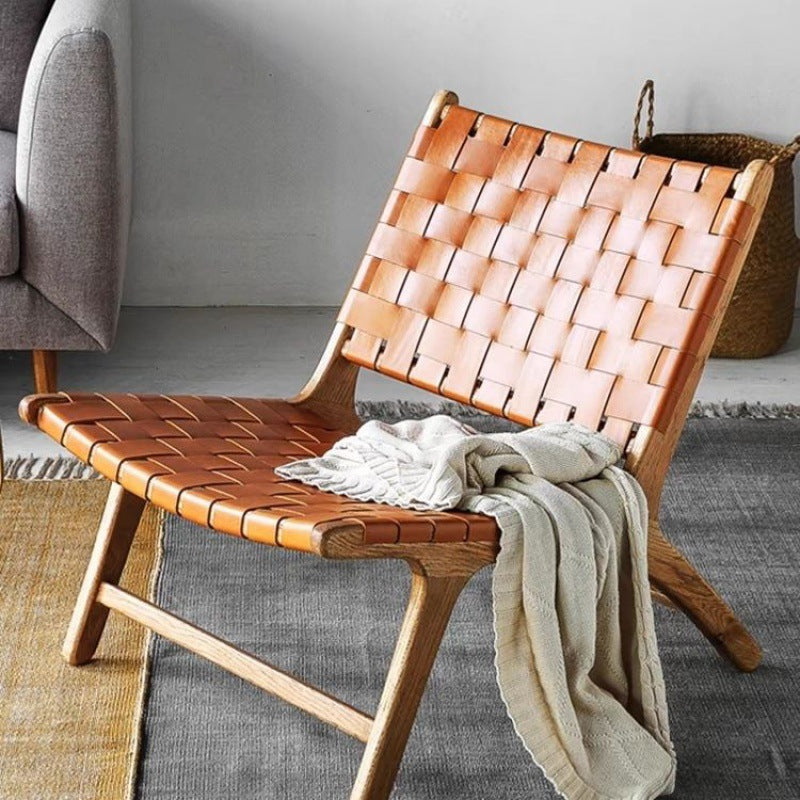 Boho Leather Wood Armless Chair