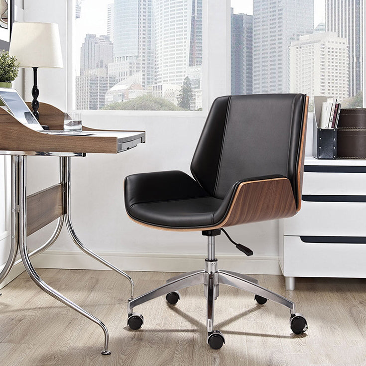 Modern Wood Leather Desk Chair with Armrest — Black