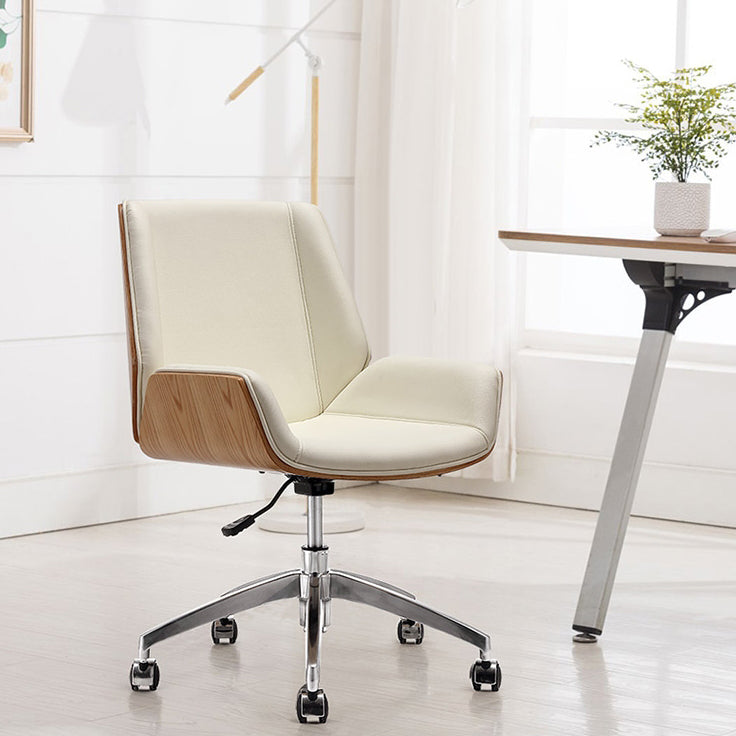 Modern Wood Leather Desk Chair with Armrest — White