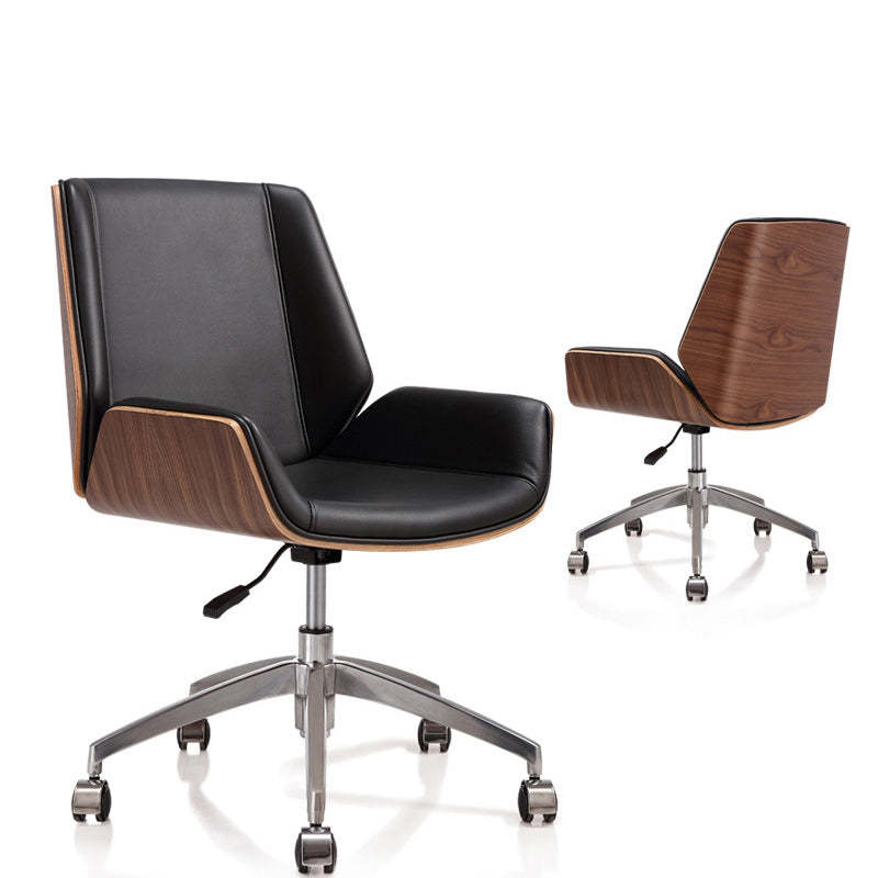 Modern Wood Leather Desk Chair with Armrest