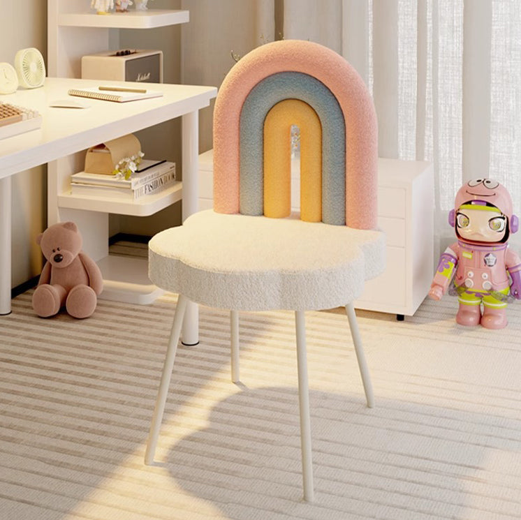Contemporary Rainbow Lambswool Iron Vanity Stool — White + Khaki + Brown