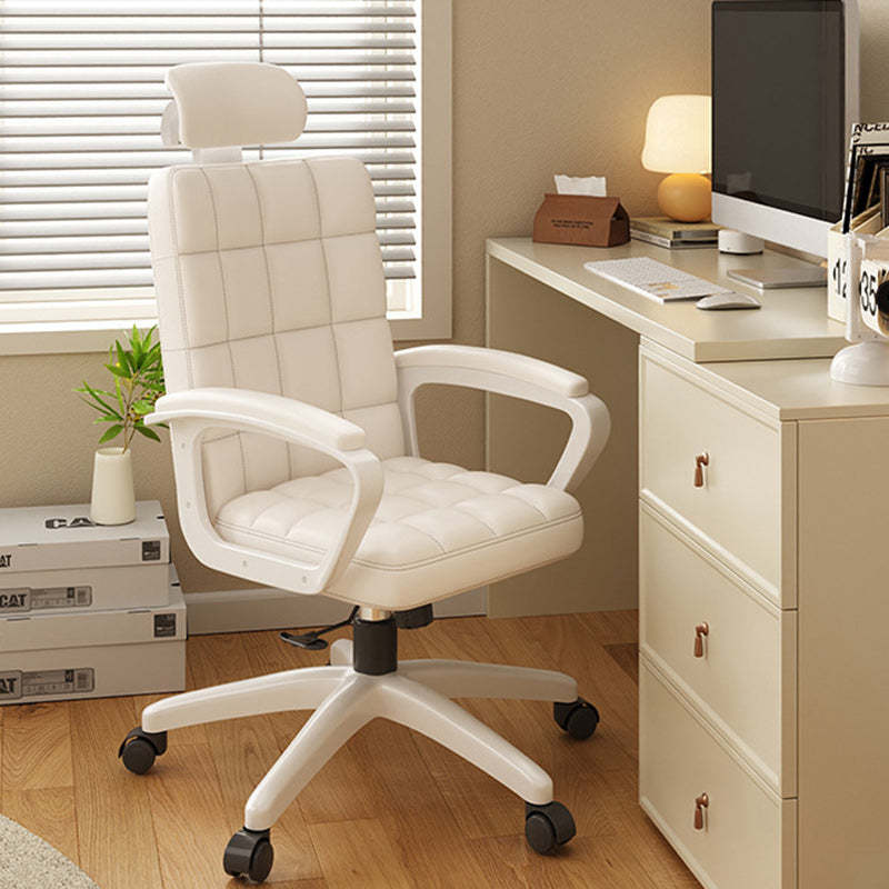 Nordic PU Solid Wood Desk Chair — With Headrest / White