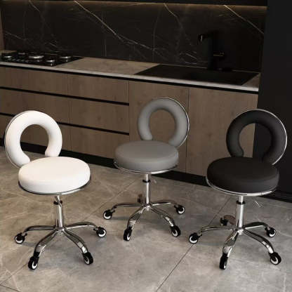 Scandinavian Round Hollow Leather Metal Vanity Stool — Silver / White