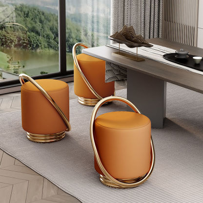 Nordic Cylinder Iron Leather Vanity Stool — Orange
