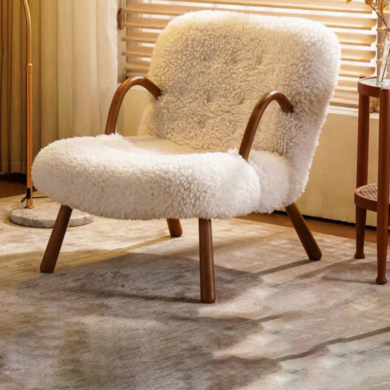 Nordic Flannelette Wood Iron Accent Chair — With Footstool / Wood Color