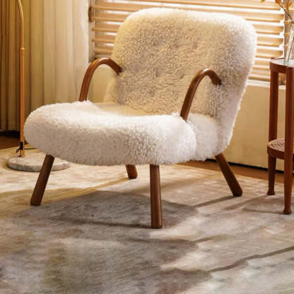 Nordic Flannelette Wood Iron Accent Chair — With Footstool / Wood Color