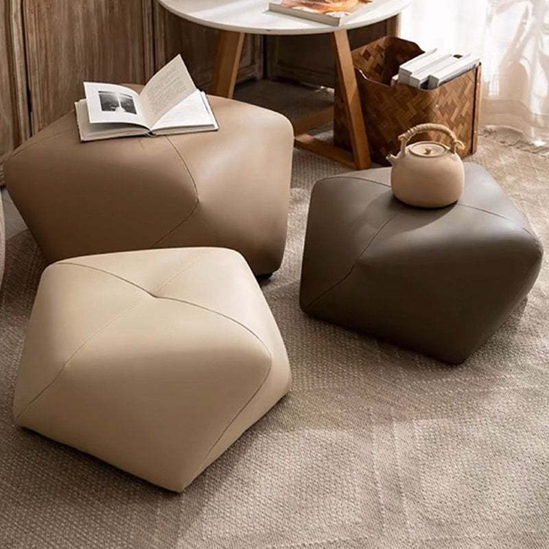 Japanese Polygonal Leather Wood Footstool — Off White