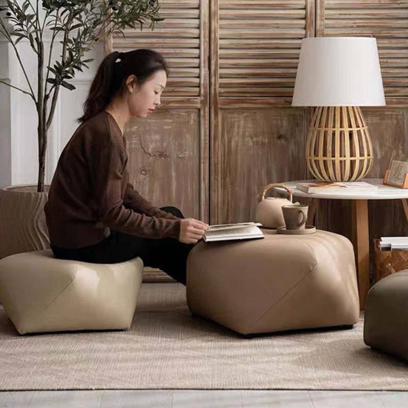 Japanese Polygonal Leather Wood Footstool — Gray
