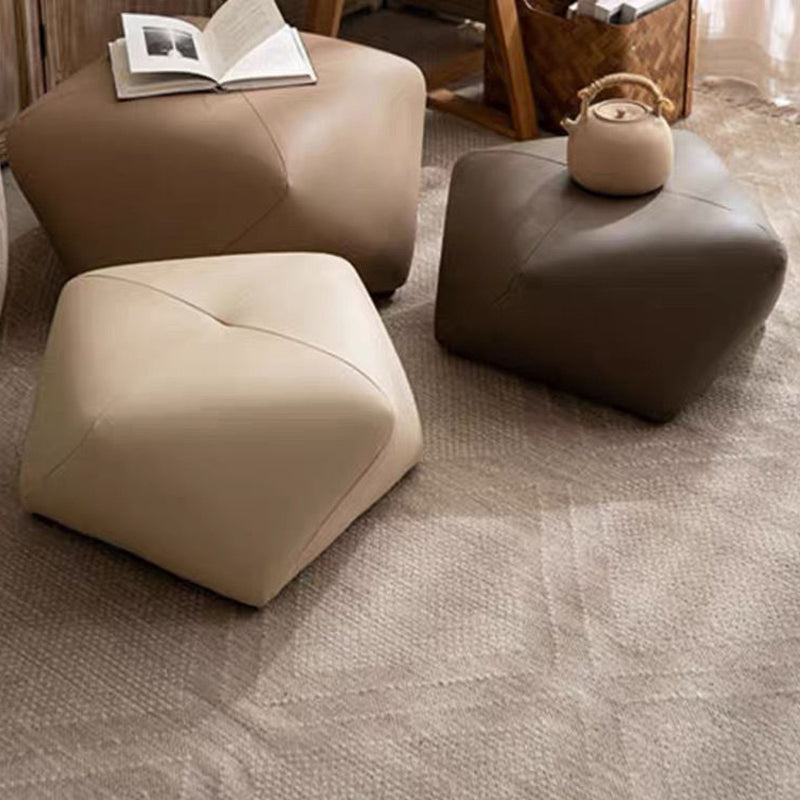Japanese Polygonal Leather Wood Footstool — Light Brown