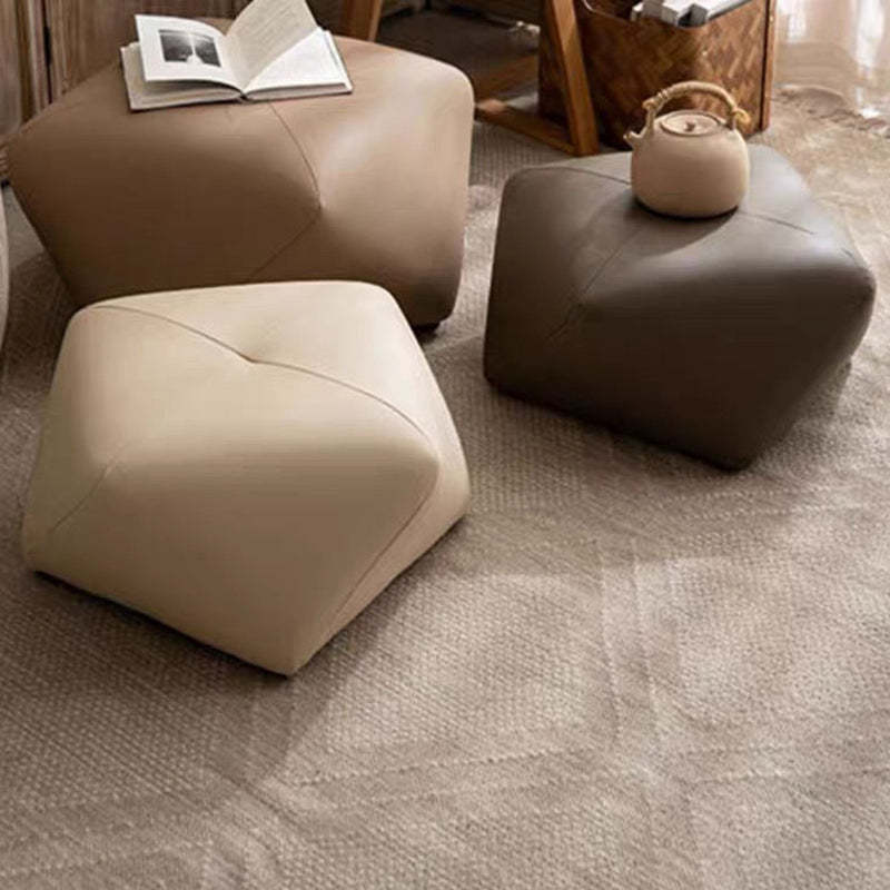 Japanese Polygonal Leather Wood Footstool — Light Brown