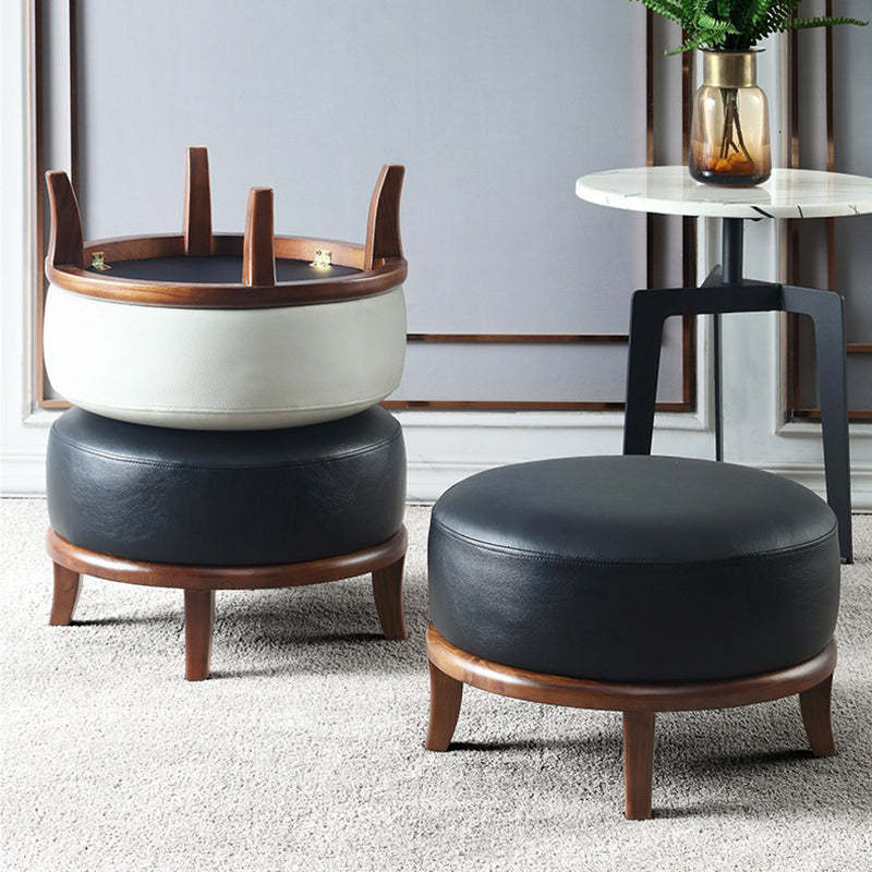 Nordic Leather Ash Backless Footstool — Small - Round / Off White