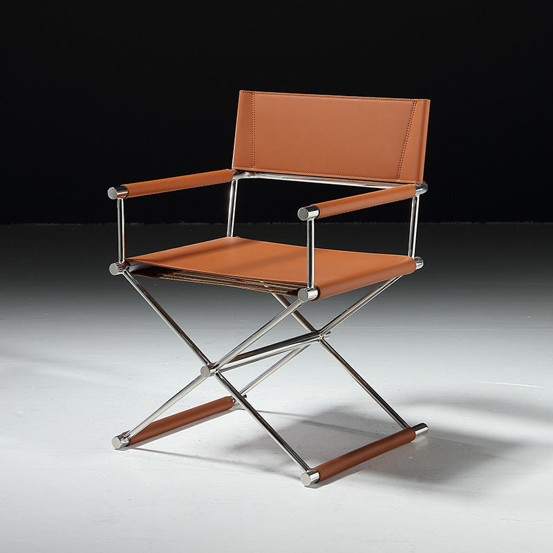 Minimalist Cross Saddle Leather Steel Dining Chair — Black