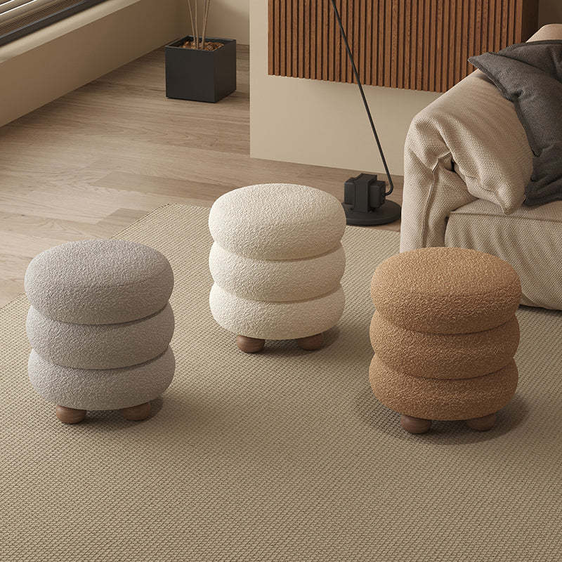 Nordic Candied-Haws Lambswool Solid Wood Backless Footstool — Light Gray