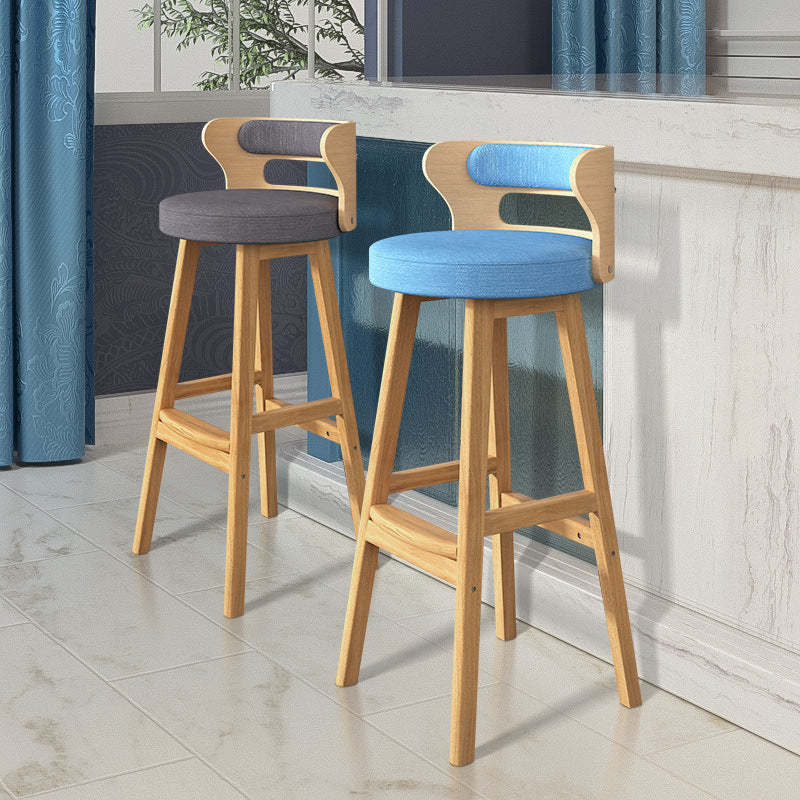 Nordic Fabric Leather Wood Bar Stool — Wood Color - Gray Fabric
