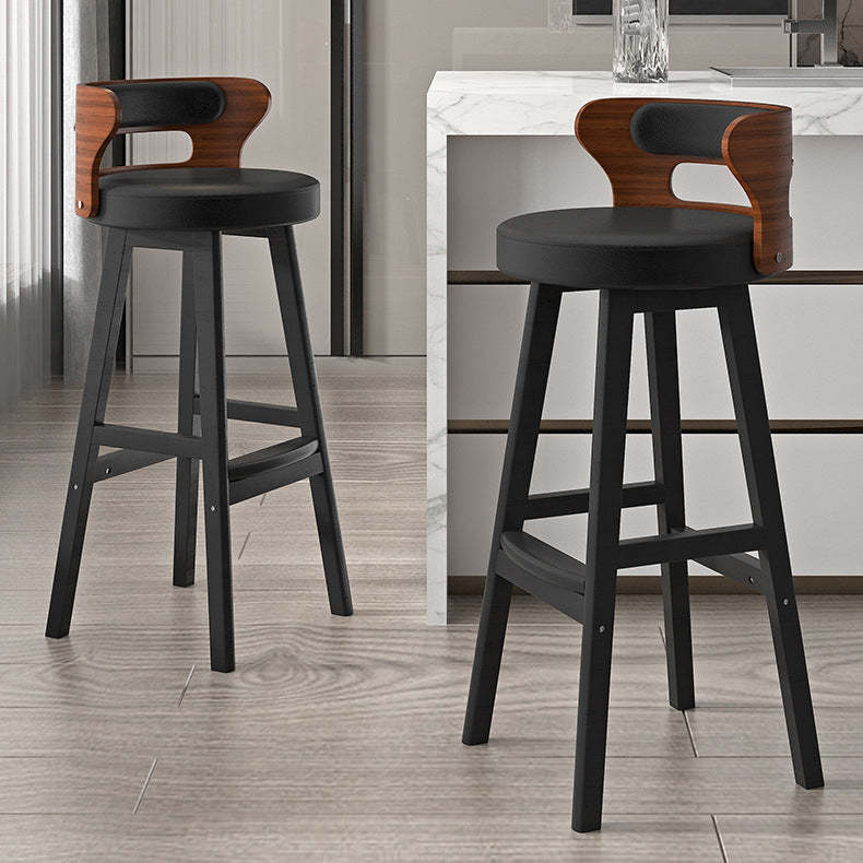 Nordic Fabric Leather Wood Bar Stool — Wood Color - Beige Leather