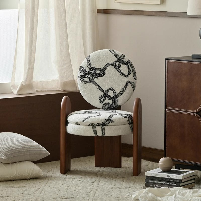 French Ribbon Lambswool Walnut Vanity Stool — Off White + Walnut Color