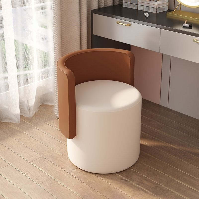 Nordic Cylinder Swivel Wood Leather Vanity Stool — Rotatable / Coffee + Off White