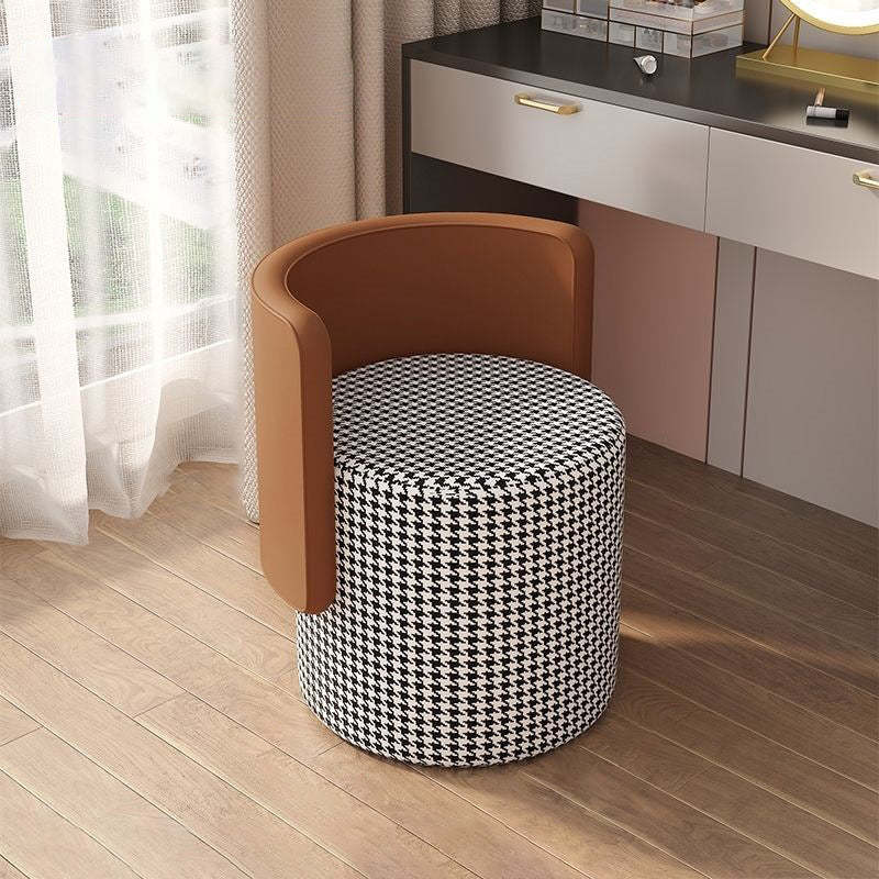 Nordic Cylinder Swivel Wood Leather Vanity Stool — Non-rotatable / Gray + Off White