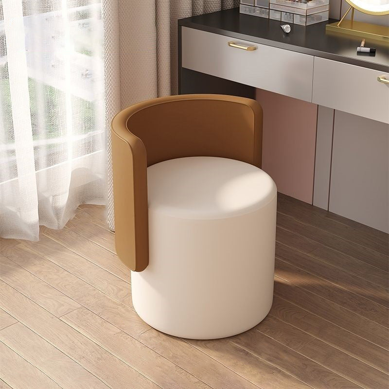 Nordic Cylinder Swivel Wood Leather Vanity Stool — Non-rotatable / White