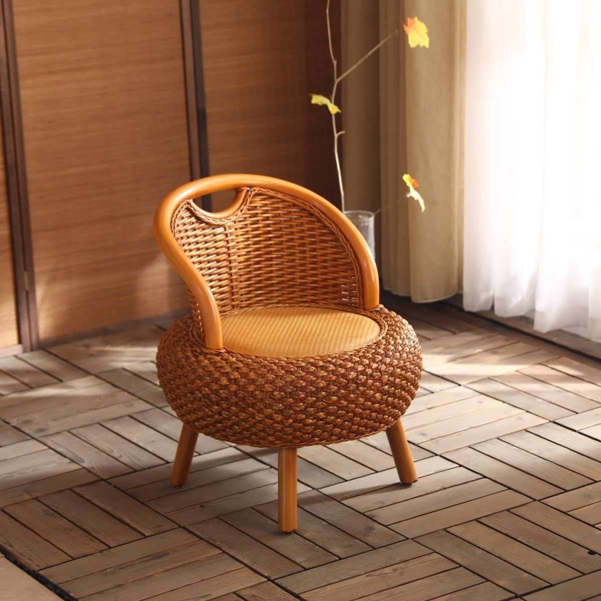 Japanese Rattan Woven Wood Round Low Stool