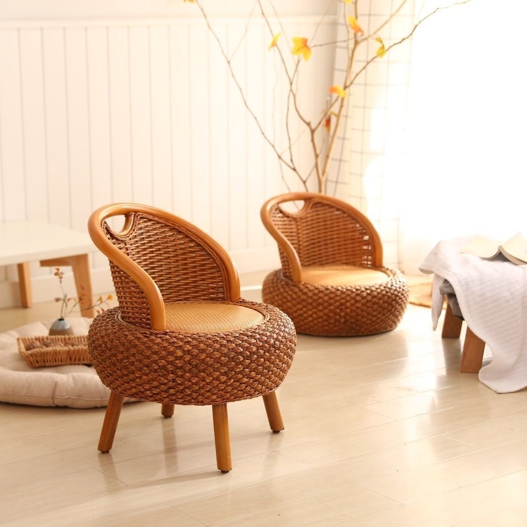 Japanese Rattan Woven Wood Round Low Stool
