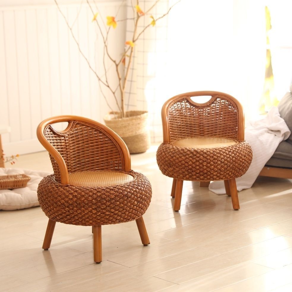 Japanese Rattan Woven Wood Round Low Stool