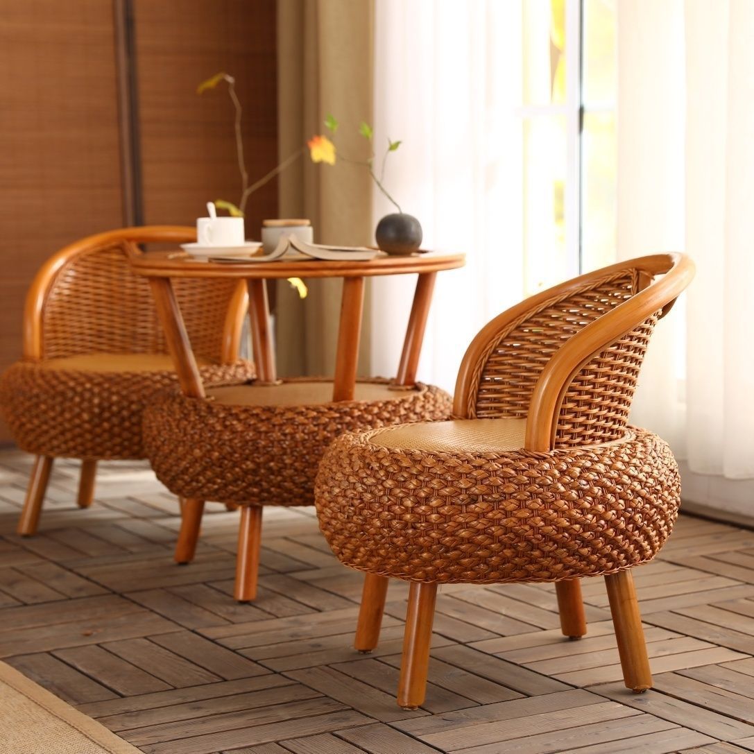 Japanese Rattan Woven Wood Round Low Stool